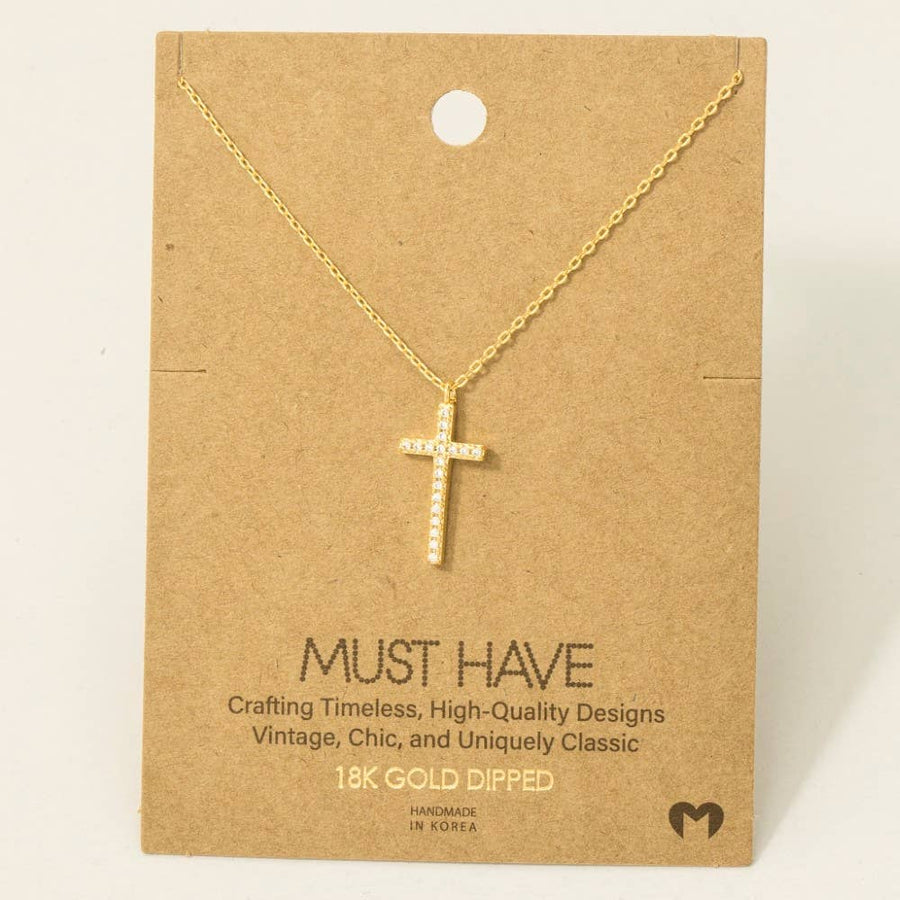 Gold Dipped Cz Pave Cross Pendant Necklace