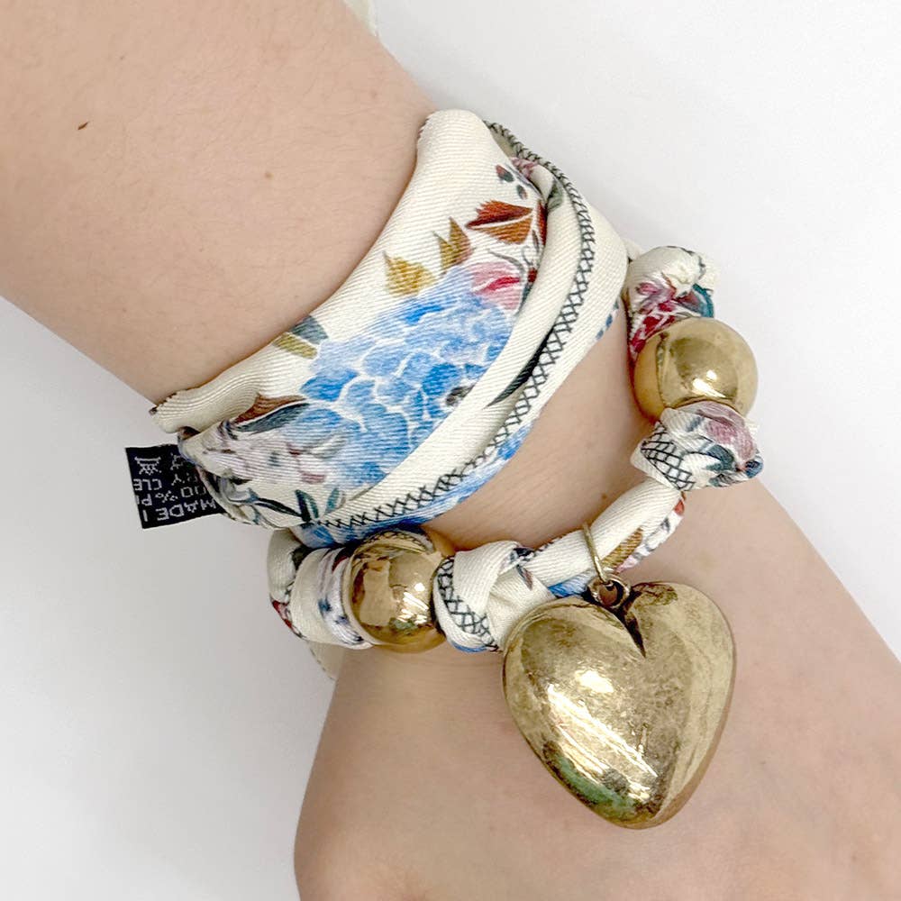 Gold Dipped Puffy Heart Charm Fabric Scarf Necklace / Adjustable Bracelet