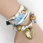 Gold Dipped Puffy Heart Charm Fabric Scarf Necklace / Adjustable Bracelet