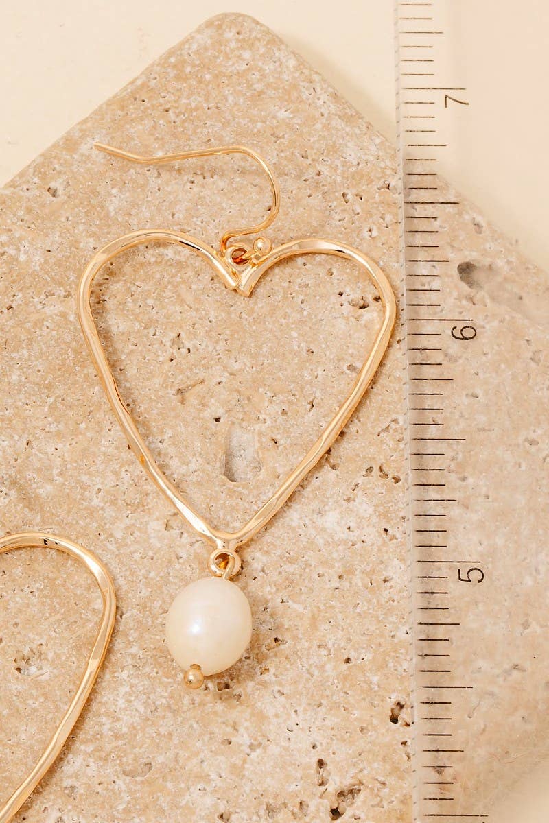 Pearl Charm Wire Heart Dangle Earrings