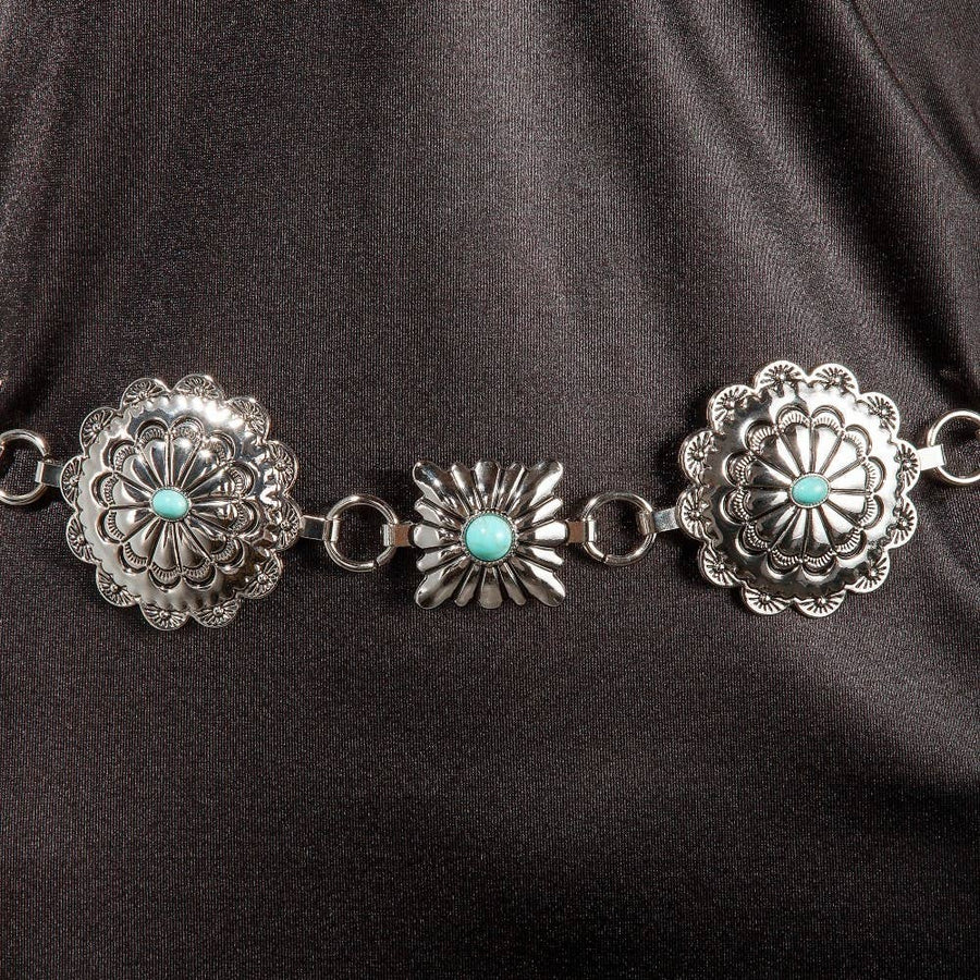 Western Turquoise Stud Floral Concho Chain Belt