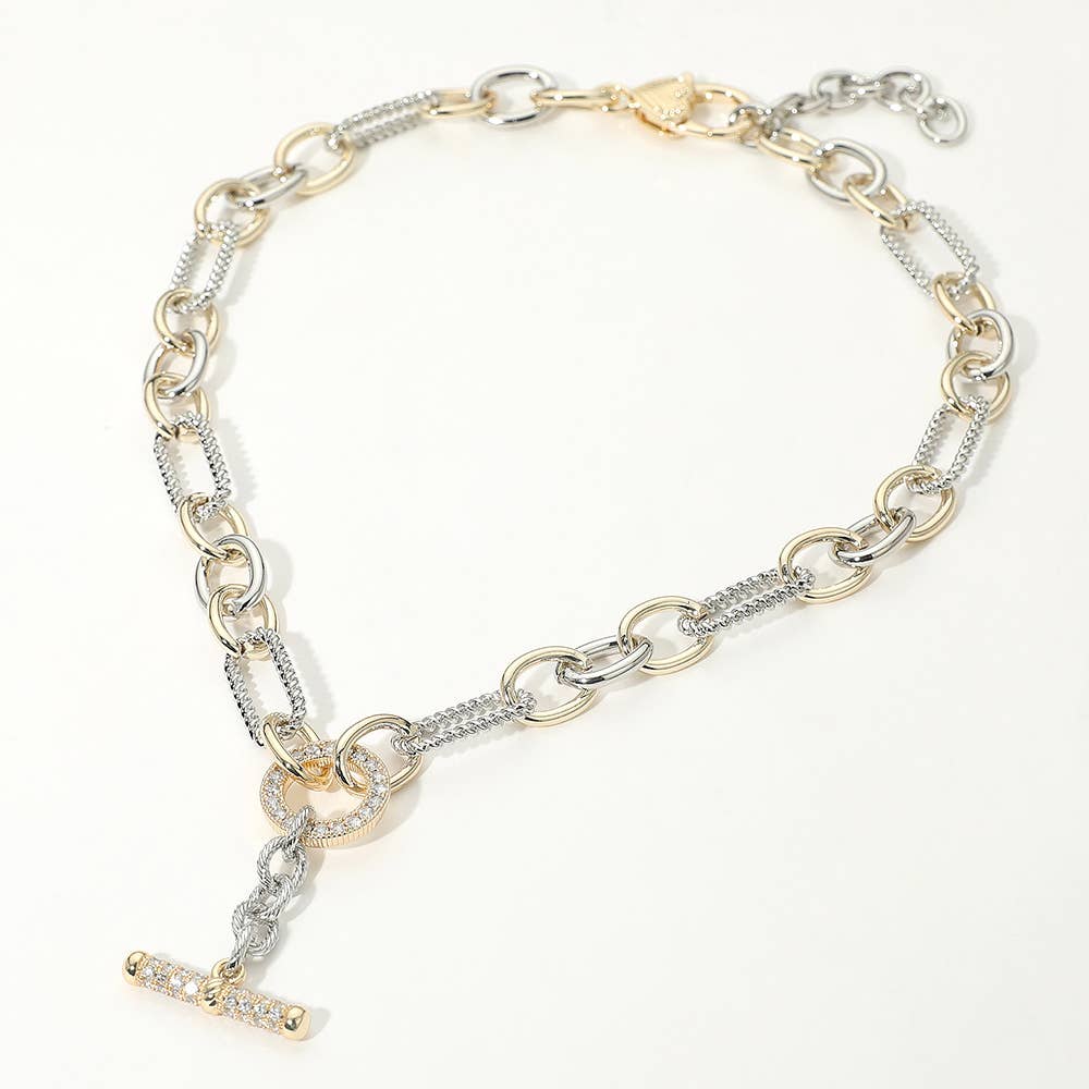 14K Gold Plated Two Tone CZ Stone Paved Toggle Pendant Chunky Chain Necklace
