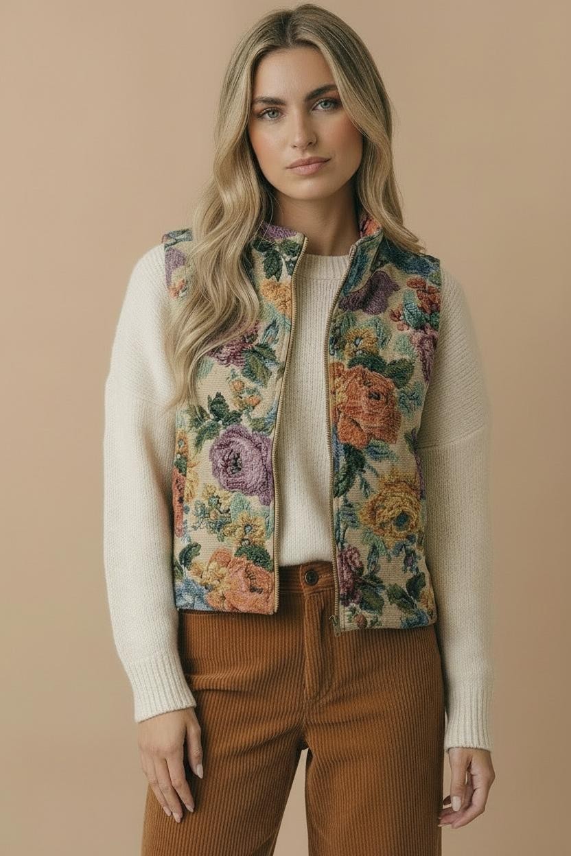 Floral Jacquard Zip Up Vest