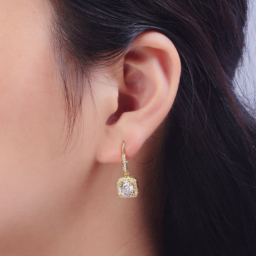Gold Micro Paved Square Cubic Zirconia Hoop Charm Drop Earrings