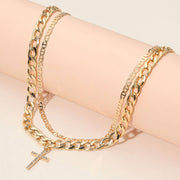 Stone Paved Cross Pendant Accent Double Layered Chain Necklace