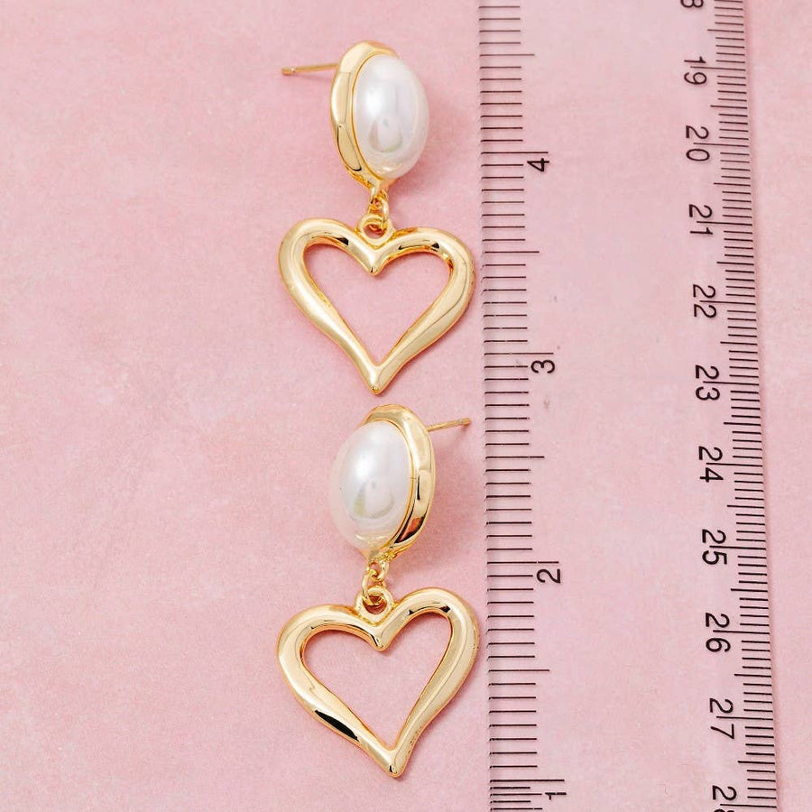 Gold Dipped Oval Pearl And Heart Dangle Earrings