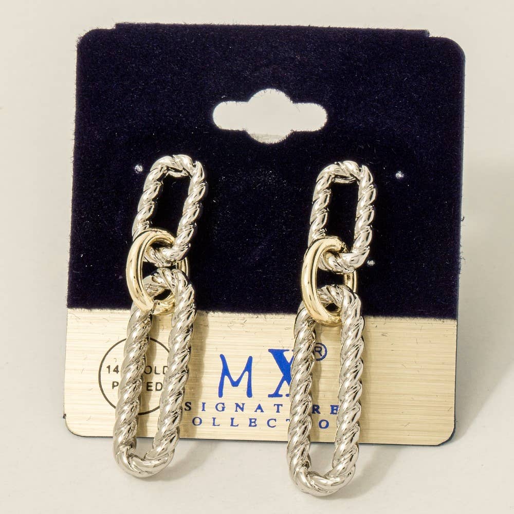 Gold Plated Two Tone Twisted Oval Chain Dangle Earrings
