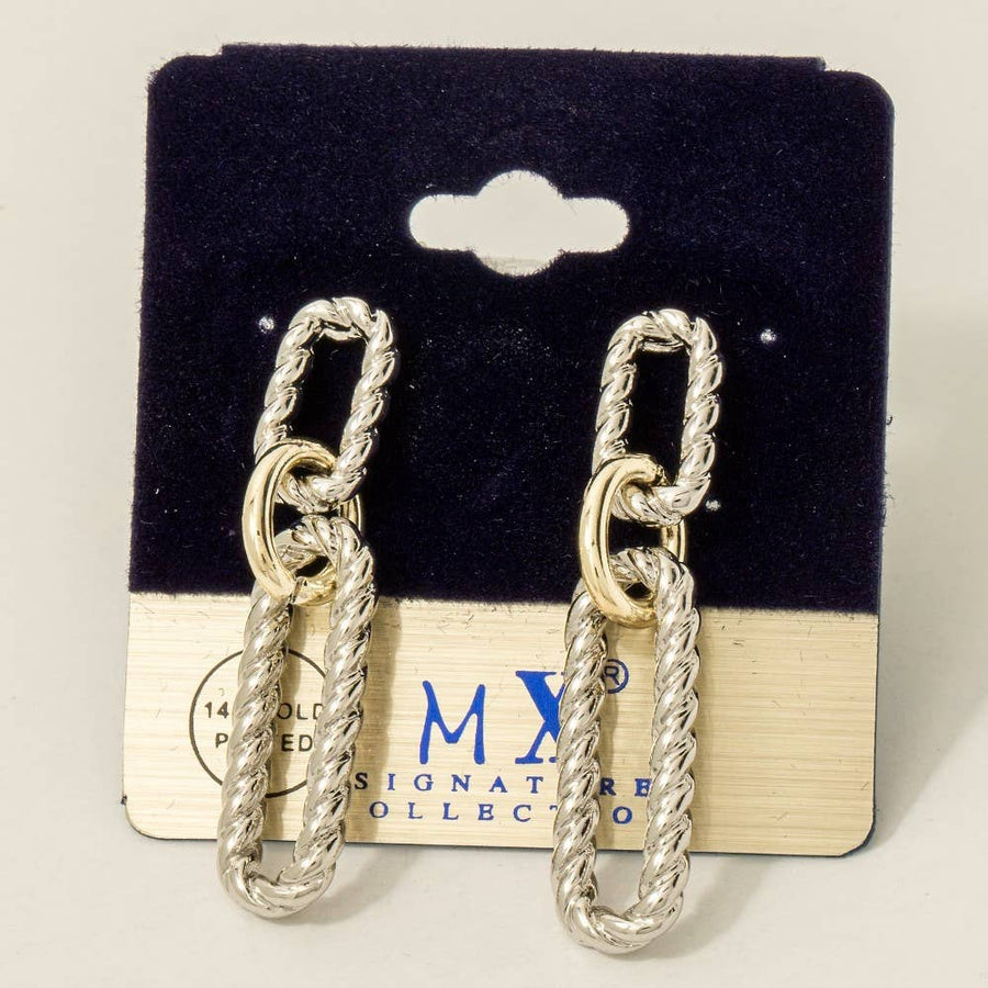 Gold Plated Two Tone Twisted Oval Chain Dangle Earrings