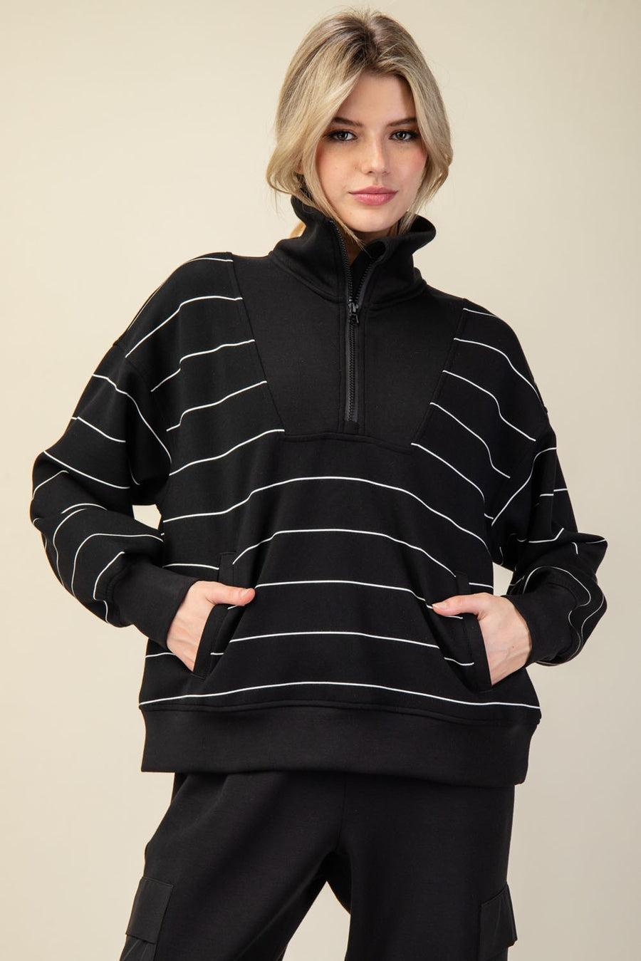 Scuba Stripe Quarter Zip Top- Black