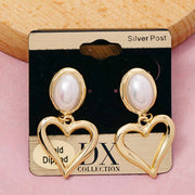 Gold Dipped Oval Pearl And Heart Dangle Earrings