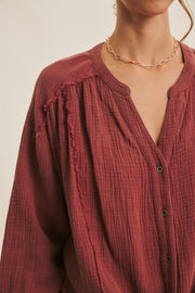 Cotton Long Sleeve Top- Marsala