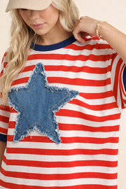 Red Stripe Tee With Denim Star