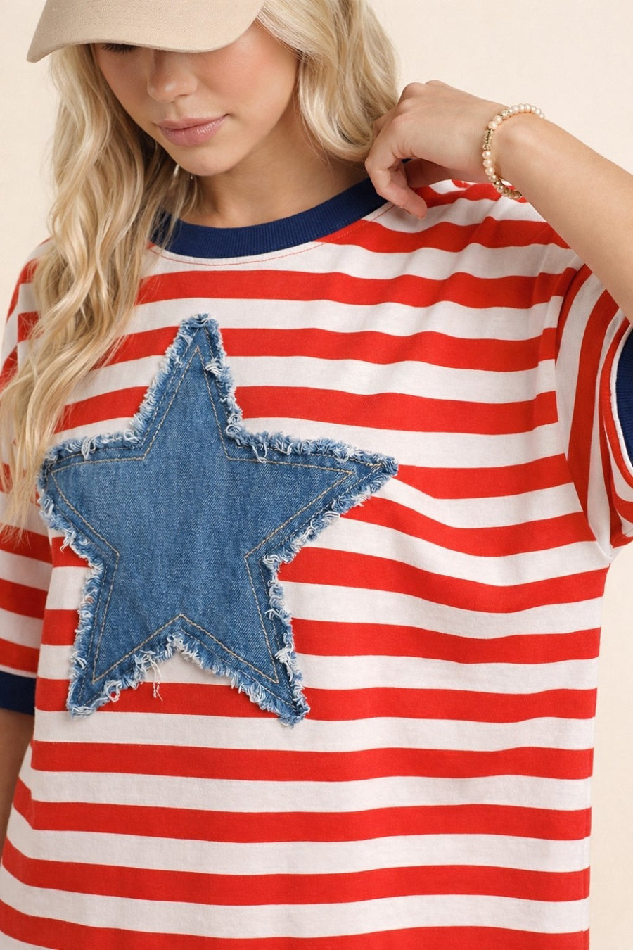 Red Stripe Tee With Denim Star