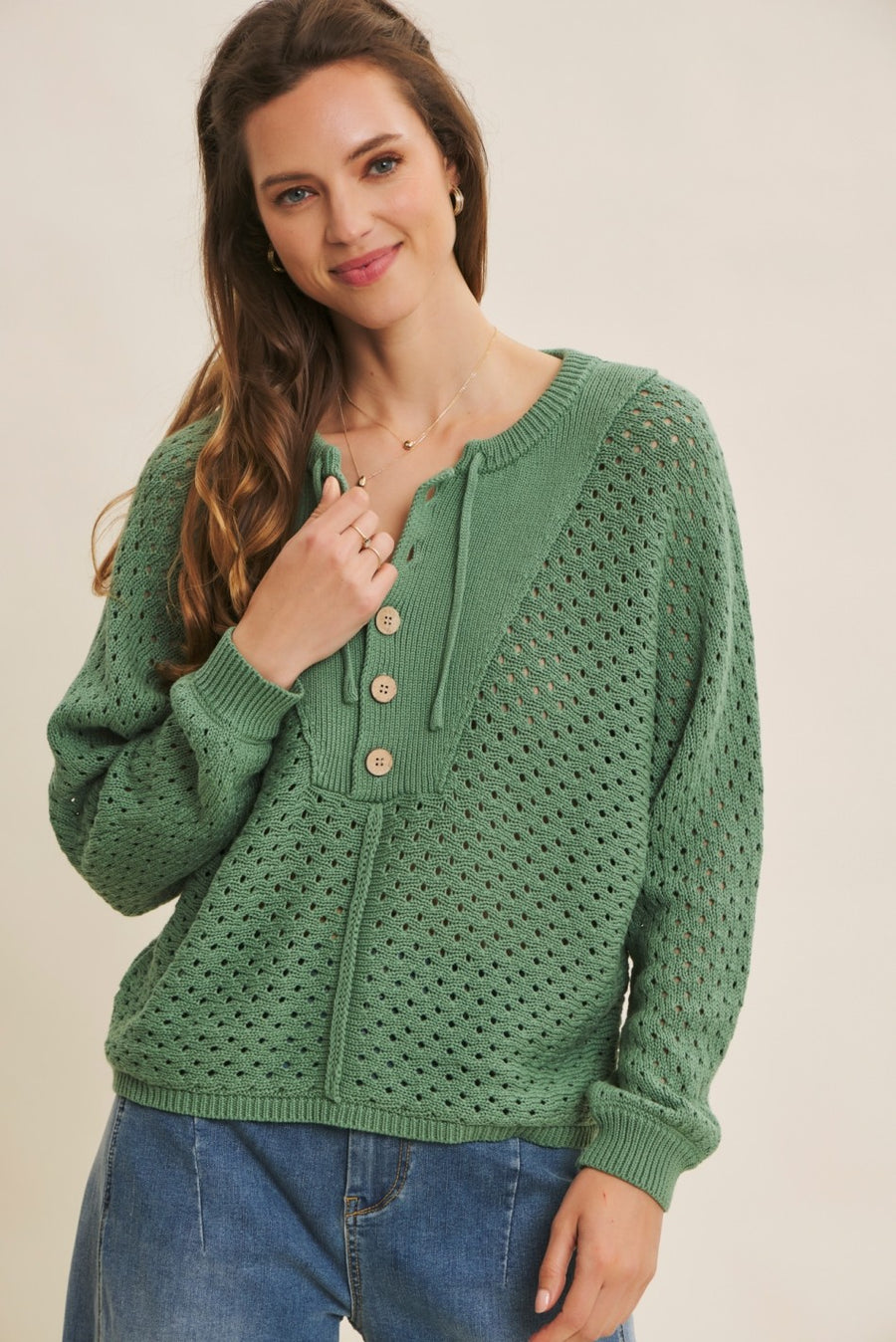 Open Knit Sweater- Green