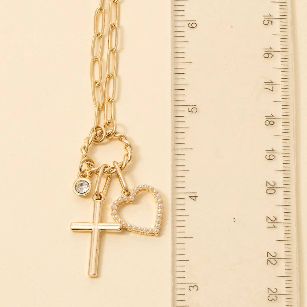 Heart Cross And Gem Pendants Chain Necklace