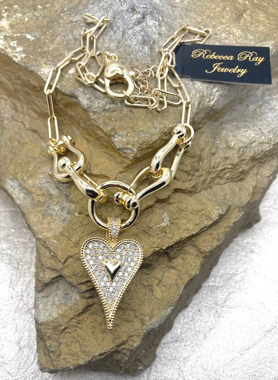 Paperclip Necklace with CZ Heart Charm