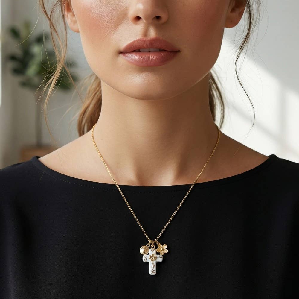 Ceramic Cross And Bead Charms Necklace