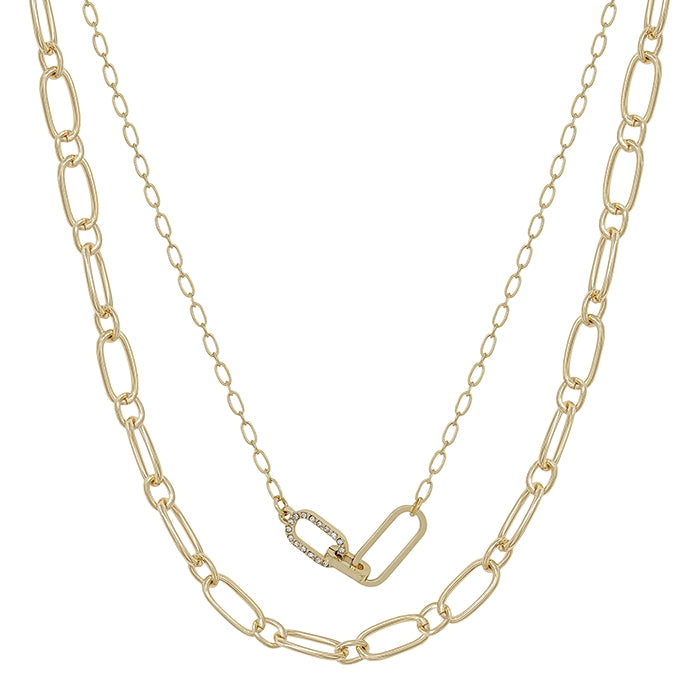 Gold Textured Chain with Rhinestones Necklace