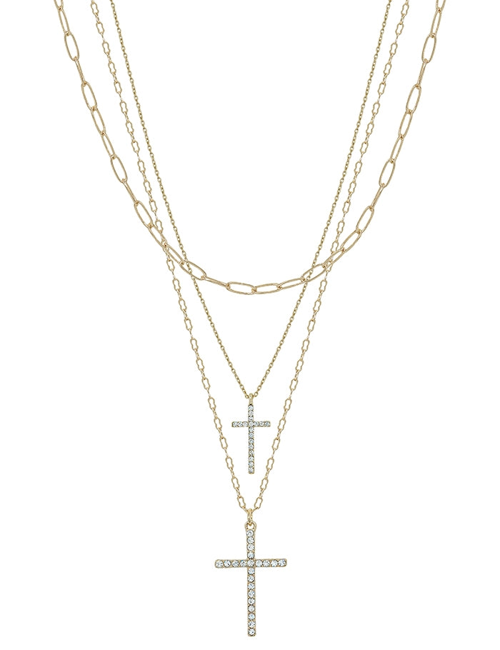 Gold Layered Rhinestone Double Cross Necklace