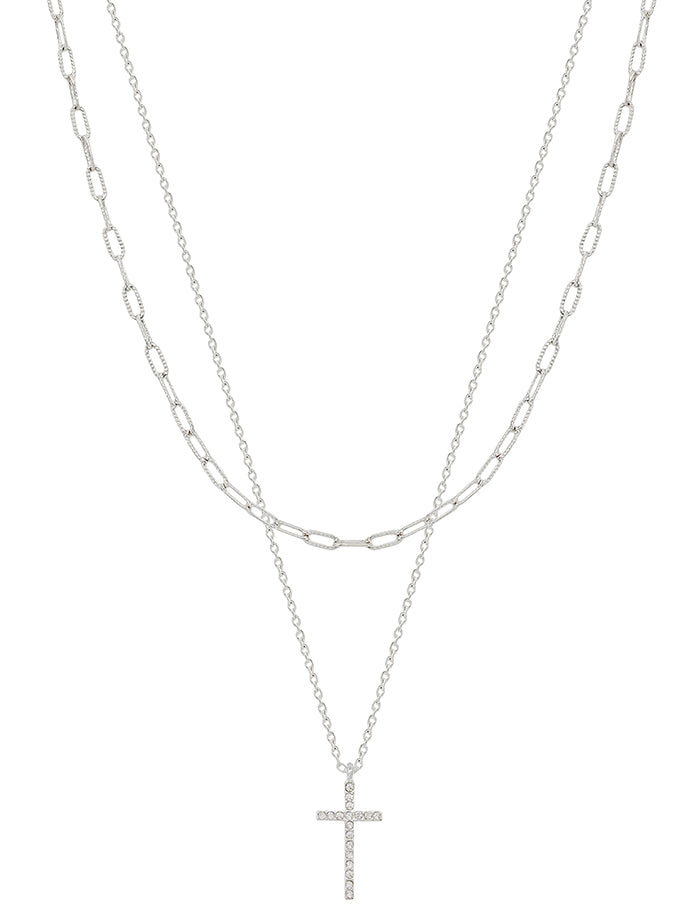 Silver Chain Layered with Rhinestone Cross Necklace