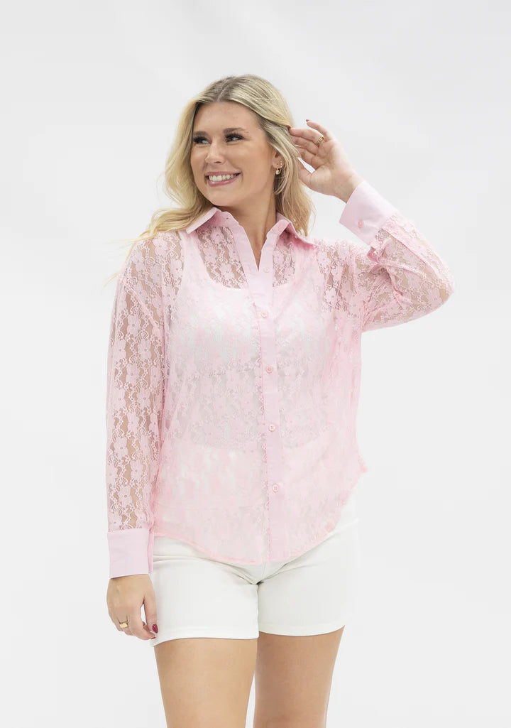 Lace Button Up -Light Pink