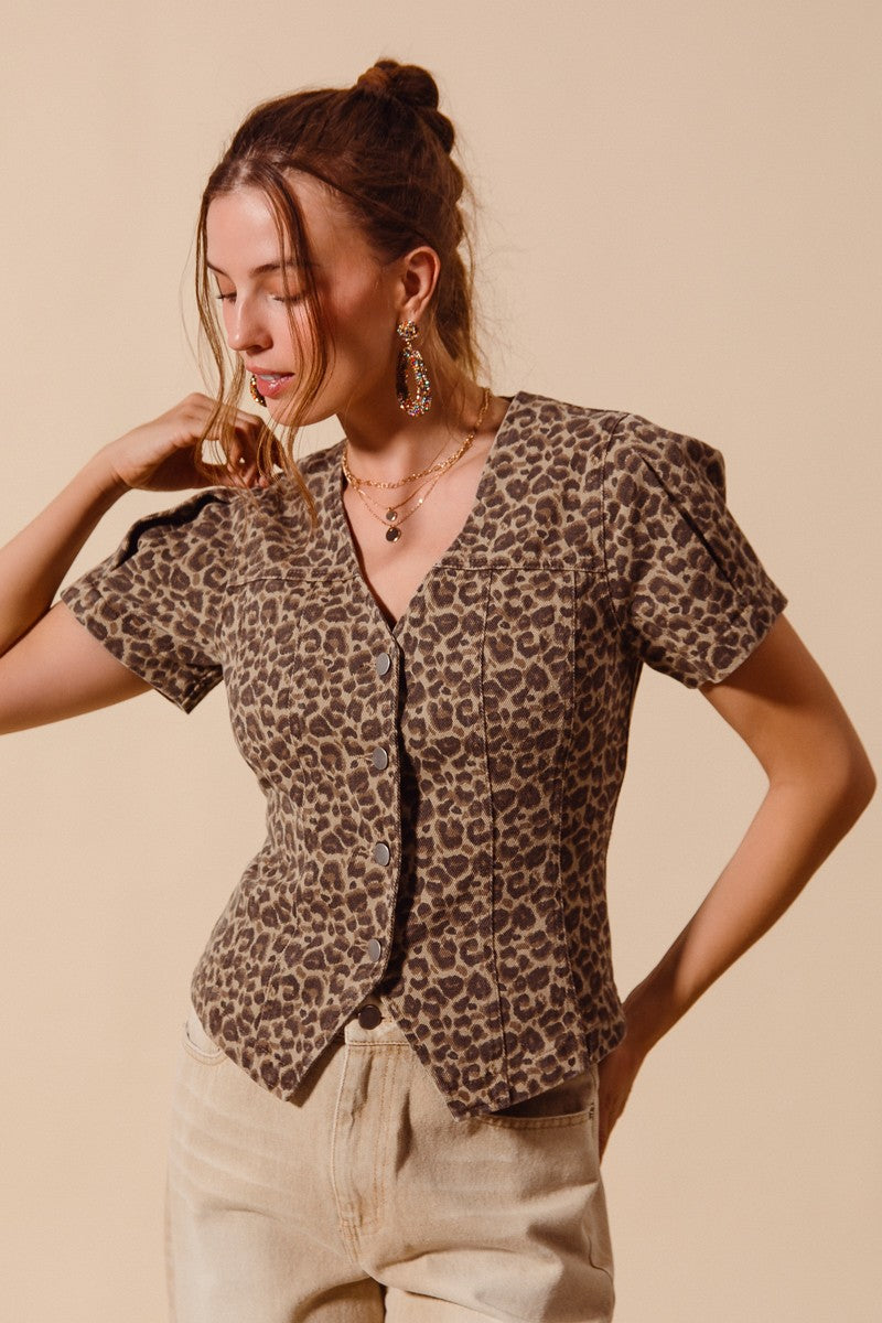 Vintage Leopard Twill Button Front Top