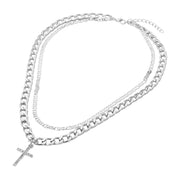 Stone Paved Cross Pendant Accent Double Layered Chain Necklace