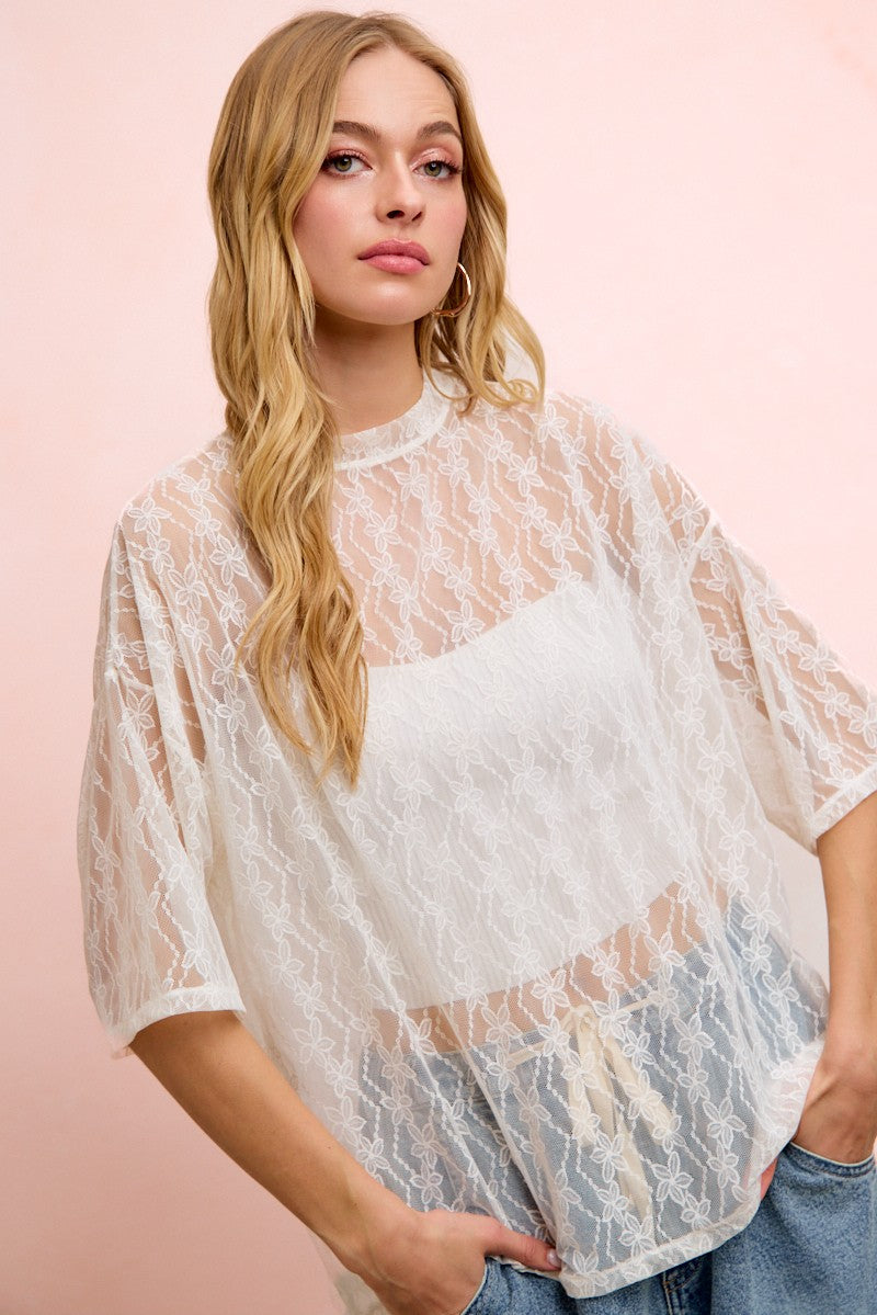 Floral Pattern Boxy Mesh Top