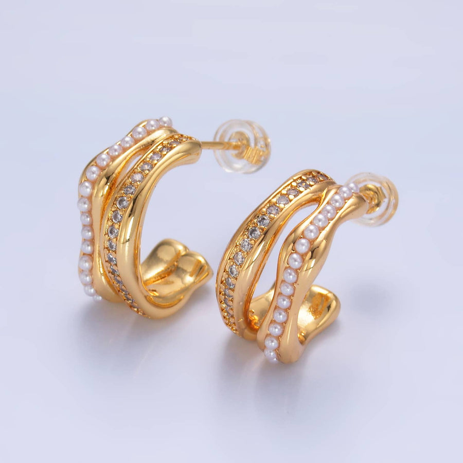 24K Gold Filled CZ Pearl Double Band Hoops