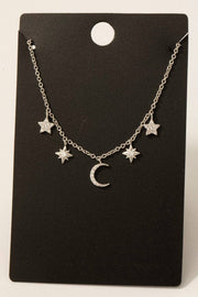 Gold Dipped Cz Pave Star And Moon Charms Chain Necklace