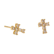 14K Gold Dipped CZ Stone Cross Mini Stud Earrings