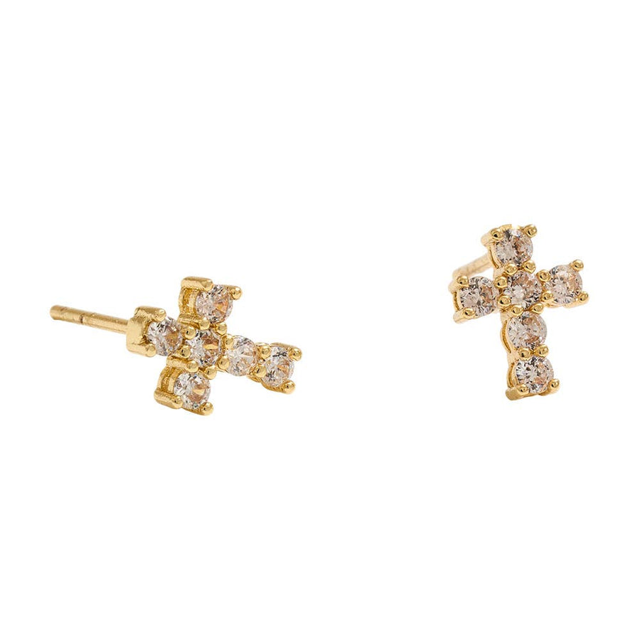 14K Gold Dipped CZ Stone Cross Mini Stud Earrings