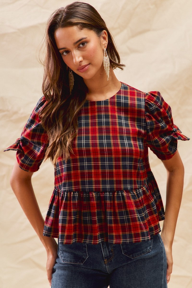 Christmas Plaid Short Sleeves Top