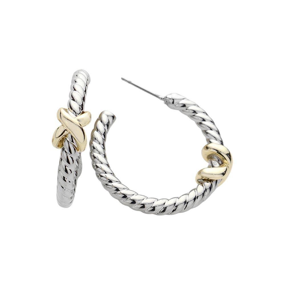 14K Gold Plated Two Tone Crisscross Hoop Earrings