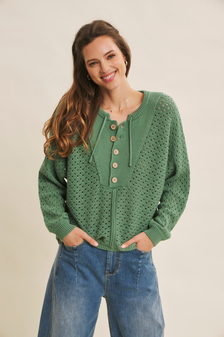 Open Knit Sweater- Green