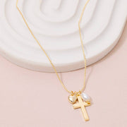 Cross Heart And Pearl Charms Chain Necklace