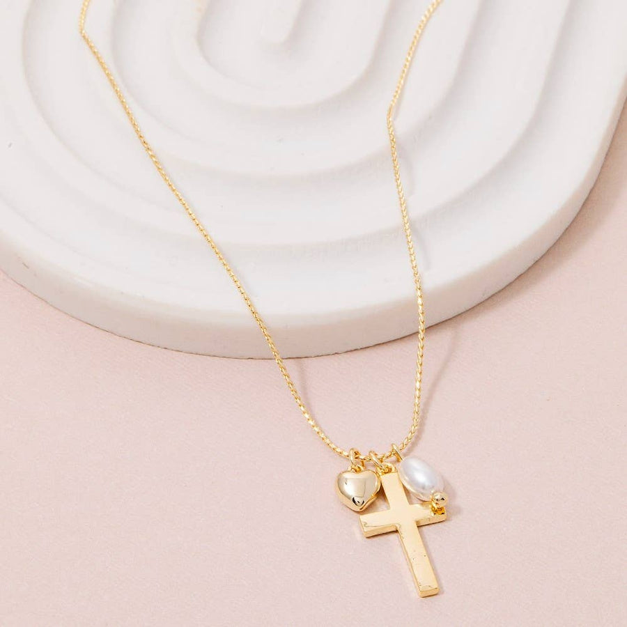 Cross Heart And Pearl Charms Chain Necklace