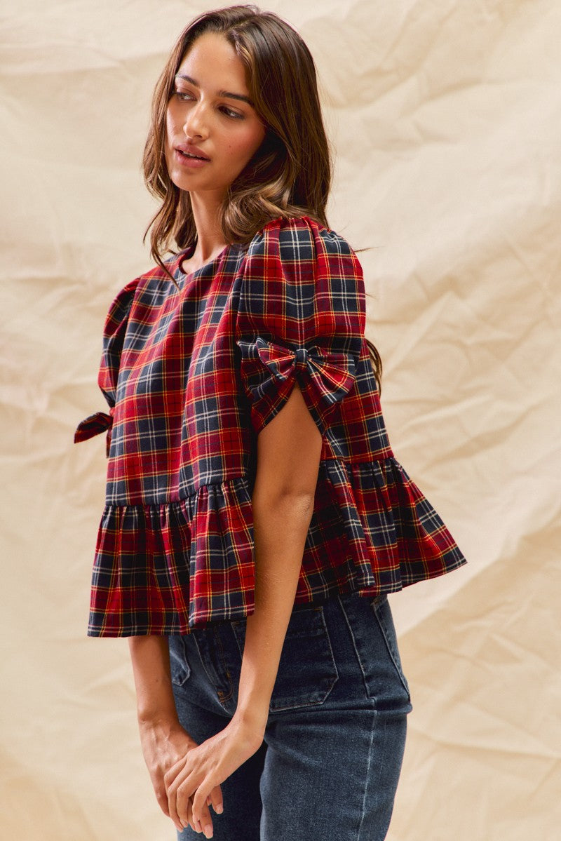 Christmas Plaid Short Sleeves Top