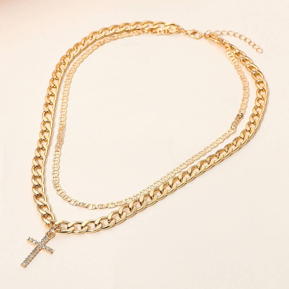 Stone Paved Cross Pendant Accent Double Layered Chain Necklace