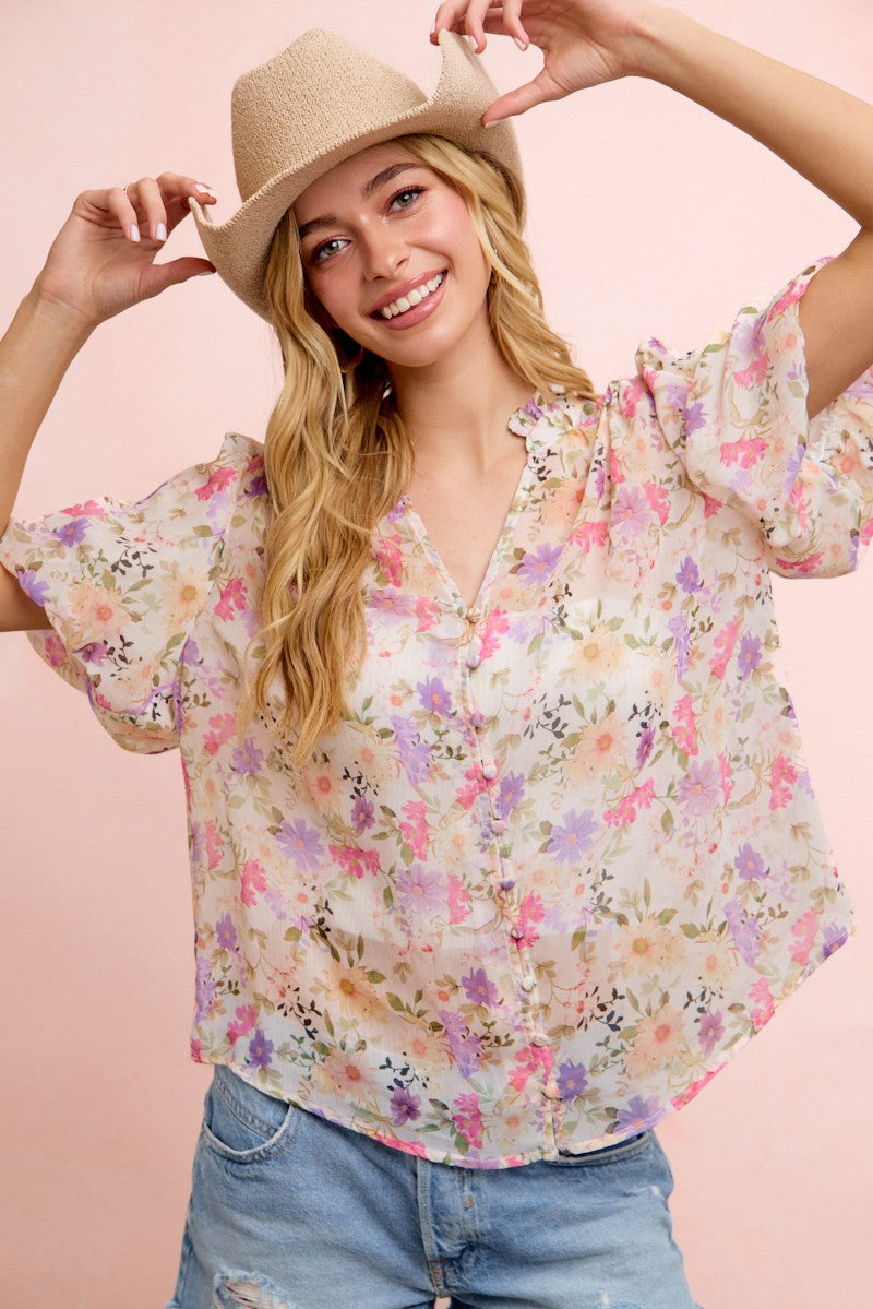 Floral Print Sheer Chiffon Top