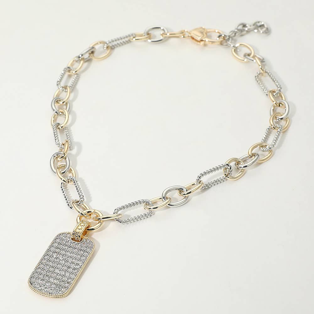14K Gold Plated Two Tone CZ Stone Paved Dog Tag Pendant Chunky Chain Necklace
