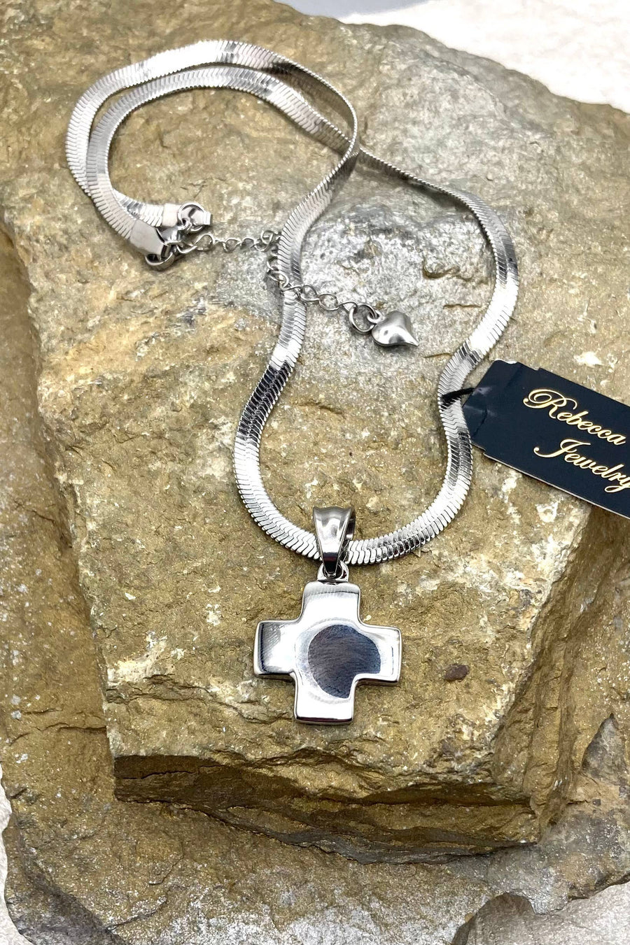 Stainless Steel Herringbone Necklace with Cross Charm