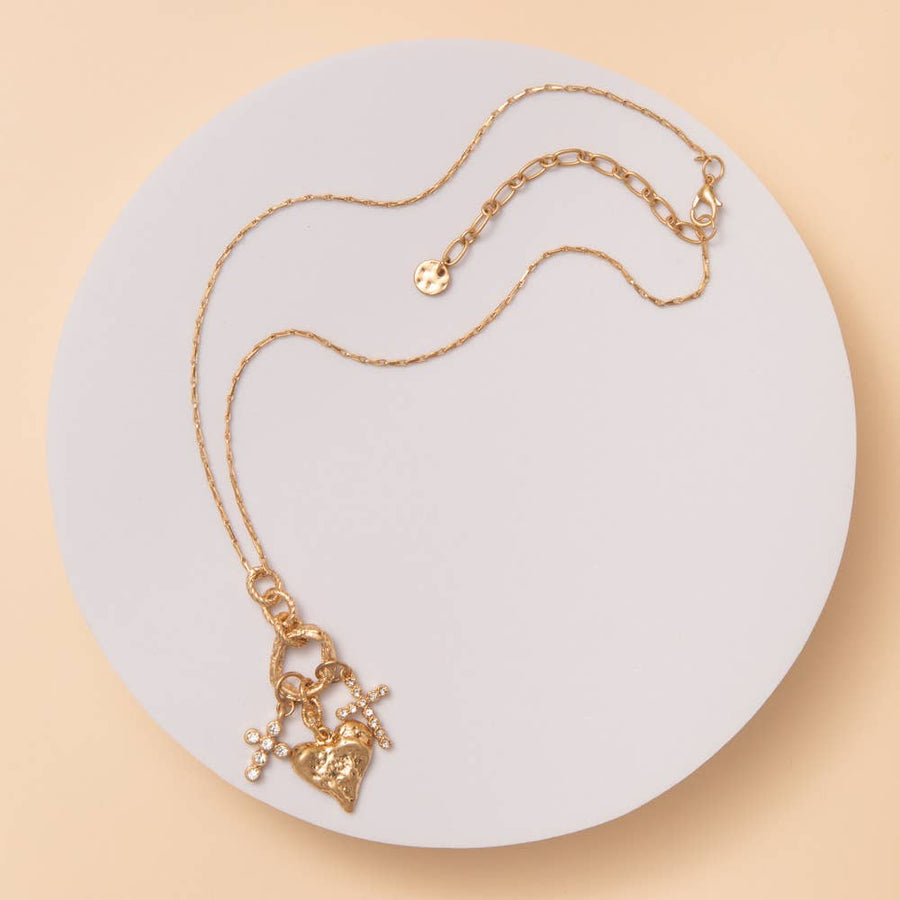 Textured Heart and Crystal Cross Charm Necklace