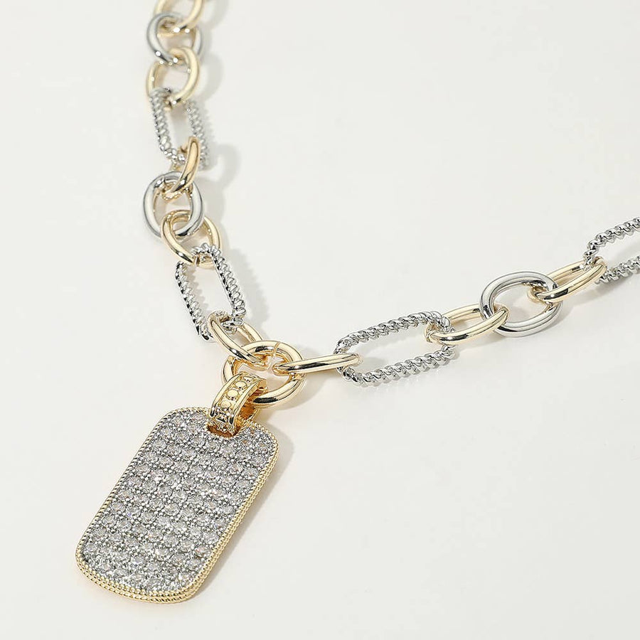 14K Gold Plated Two Tone CZ Stone Paved Dog Tag Pendant Chunky Chain Necklace