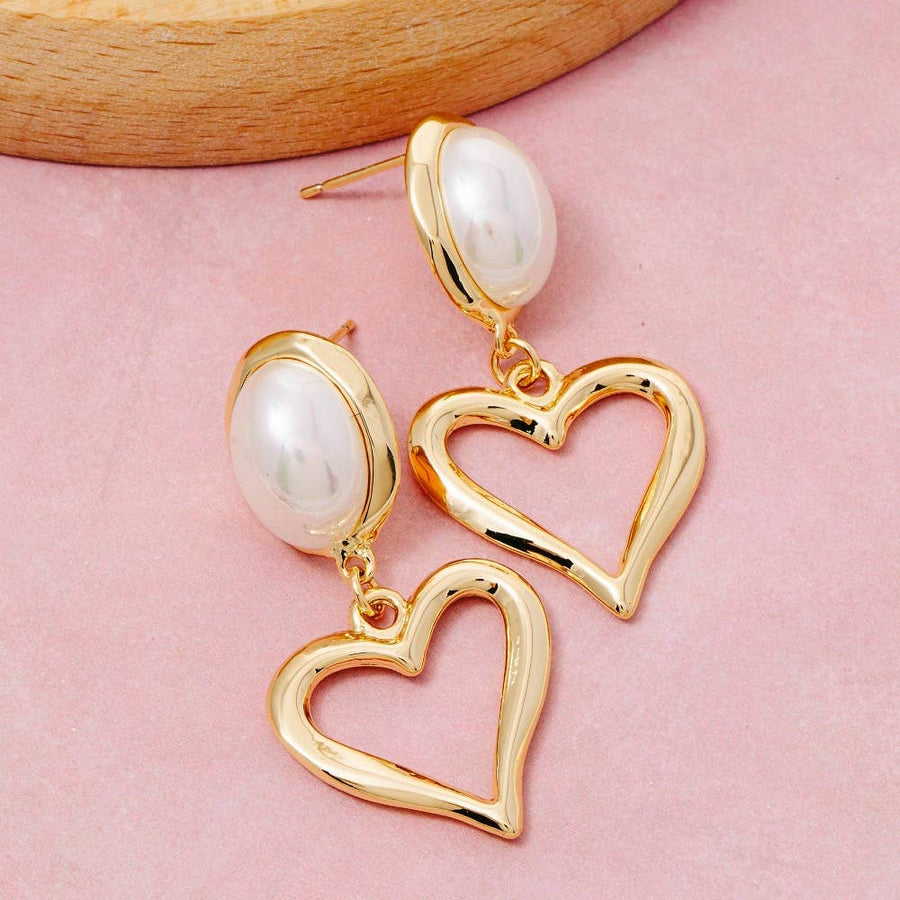 Gold Dipped Oval Pearl And Heart Dangle Earrings