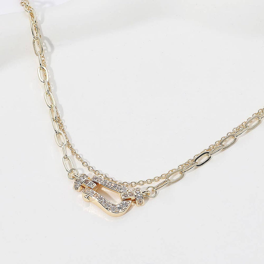 14K Gold Plated CZ Buckle Pointed Chain Layered Necklace