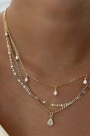 MULTI LAYER STONE CHAIN TEARDROP CHARM NECKLACE