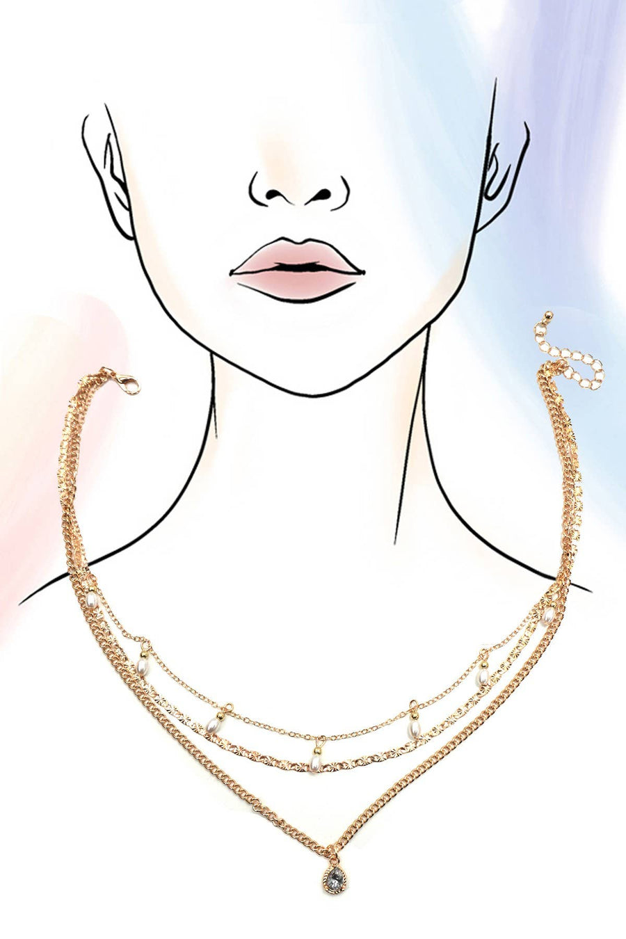 MULTI LAYER STONE CHAIN TEARDROP CHARM NECKLACE