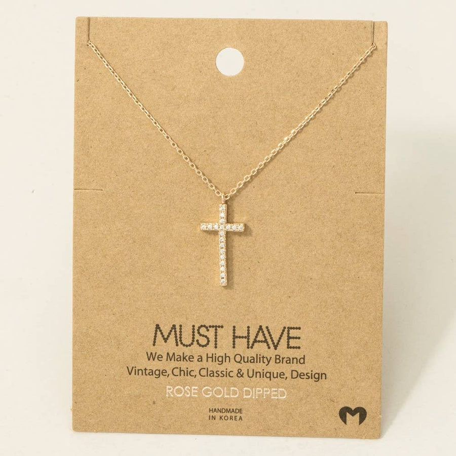 Gold Dipped Cz Pave Cross Pendant Necklace