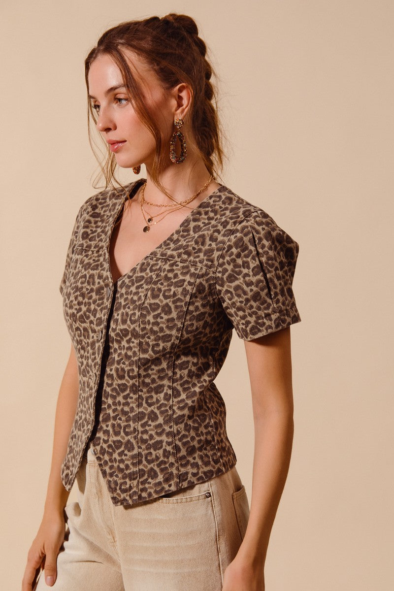 Vintage Leopard Twill Button Front Top